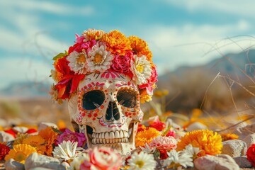 A skull is decorated with flowers and is placed on a bed of rocks. The skull is surrounded by a colorful floral arrangement, Dia de los Muertos or Cinco de Mayo Celebration