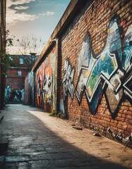 Urban Graffiti Art on Brick Wall Background - obrazy, fototapety, plakaty