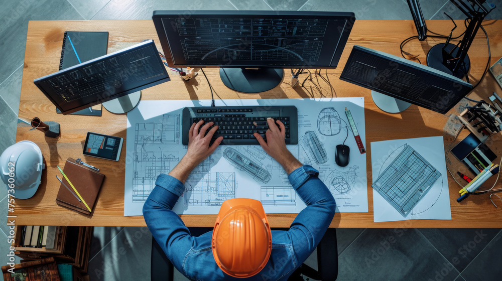 Poster overhead shot of an architect working at a desk with blueprints