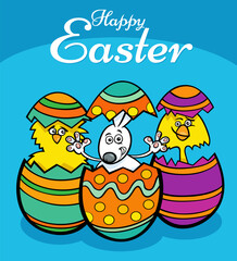 cartoon Easter bunny and chicks hatched from eggs greeting card