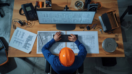 overhead shot of an architect working at a desk with blueprints