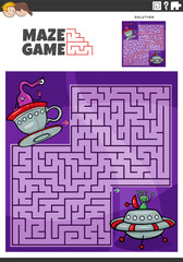 maze activity with cartoon aliens characters in space ships