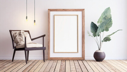 White rectangular vertical frame hanging on a white wall mockup