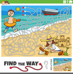 maze game with cartoonchildren on vacation by the sea