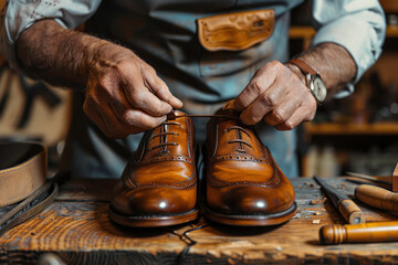 A shoe maker is making leather shoes in the workshop - obrazy, fototapety, plakaty