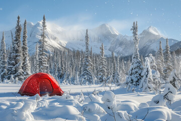 Winter Camping Adventure in Snow-Covered Landscape with Red Tent. Banner with copy space