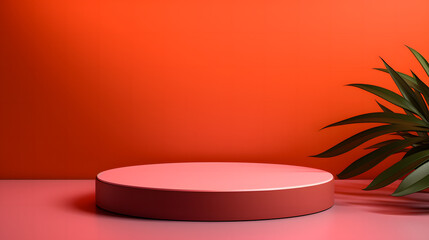 A simple yet stylish image featuring a pink podium with the subtle shadow of a plant, set against a vibrant orange background