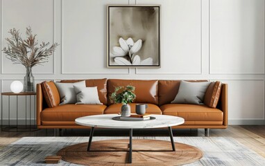  A beautiful Castered Leather Sofa. Interior modern living room  with a frame.