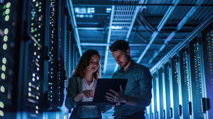 Male and a female IT professional in a data center, with the woman holding a tablet and the man observing, likely collaborating on a task.