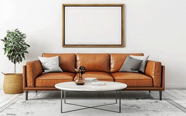  A beautiful Castered Leather Sofa. Interior modern living room  with a frame.