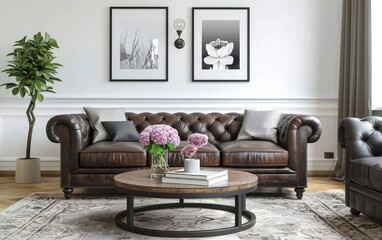  A beautiful Castered Leather Sofa. Interior modern living room  with a frame.