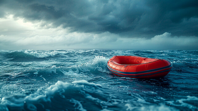A lone red lifeboat bobs on tumultuous sea waves under stormy skies, evoking a sense of isolation and survival