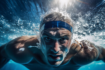 Underwater male swimmer closeup - obrazy, fototapety, plakaty