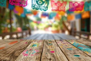 A wooden table with colorful decorations and a view of a garden. The decorations include a variety of colorful banners and flags. Scene is cheerful and festive