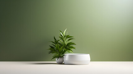 Fototapeta na wymiar An attractive Peace Lily sprouts from a low ceramic vessel, presenting on a neutral beige platform with a green gradient