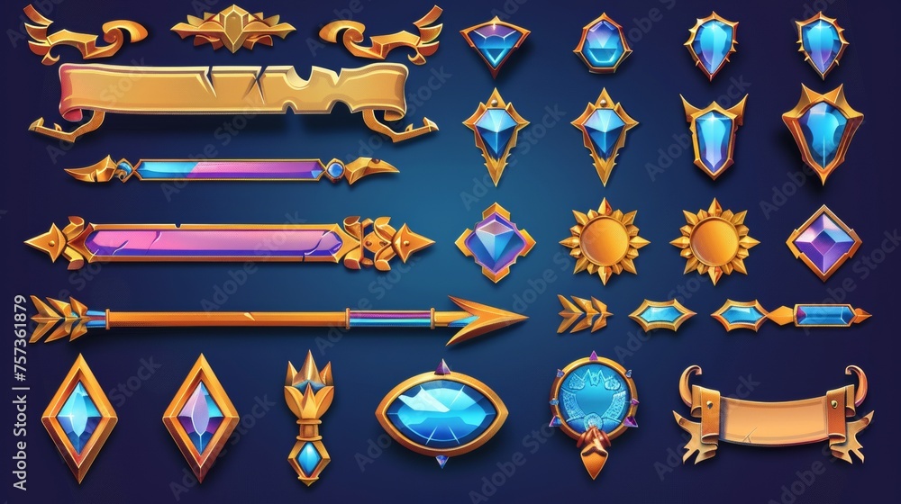 Poster ui elements with gold frames in medieval style. buttons, banners, progress bars, arrows and sliders 