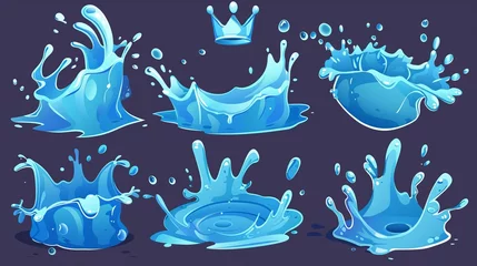 Fotobehang Isolated blue water motion effects, flows, streams, spills and crown shape isolated on background. Modern cartoon set with liquid water splashes, falling liquid drops, sea waves and ocean swirls. © Mark