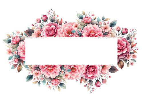 square  rectangular horizontal froral frame, wreath with roses and camellia. Design for greeting card, invitation, wedding