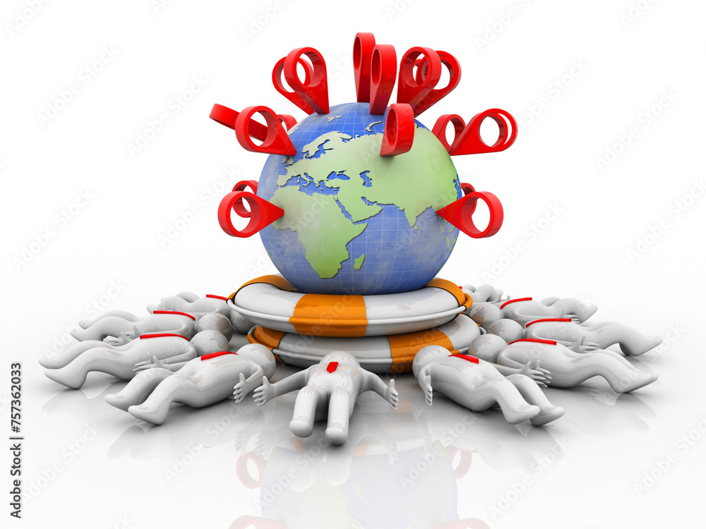 Poster 3d rendering red map pointer in world protected in life belt around people