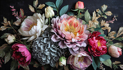 Vintage bouquet of beautiful flowers on black background.