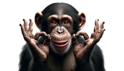 A chimpanzee with OK sign or showing okay gesture with his fingers. Monkey showing Ok sign with two hands, Sign expression This Is good.