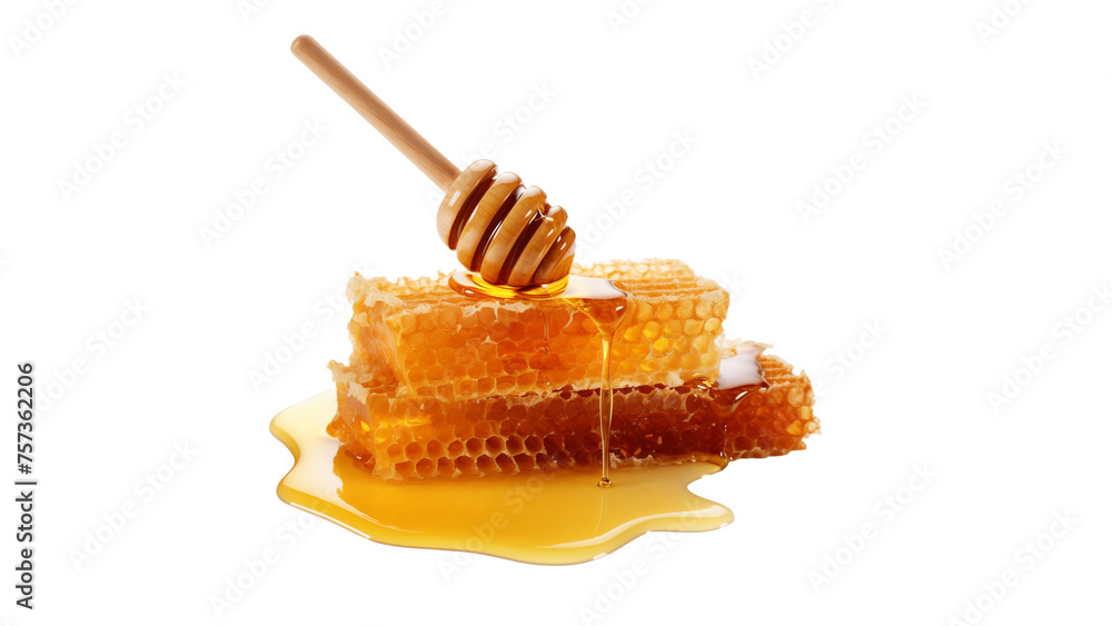 Wall mural honeycomb with honey dipper cutout. isolated honeycomb on transparent background