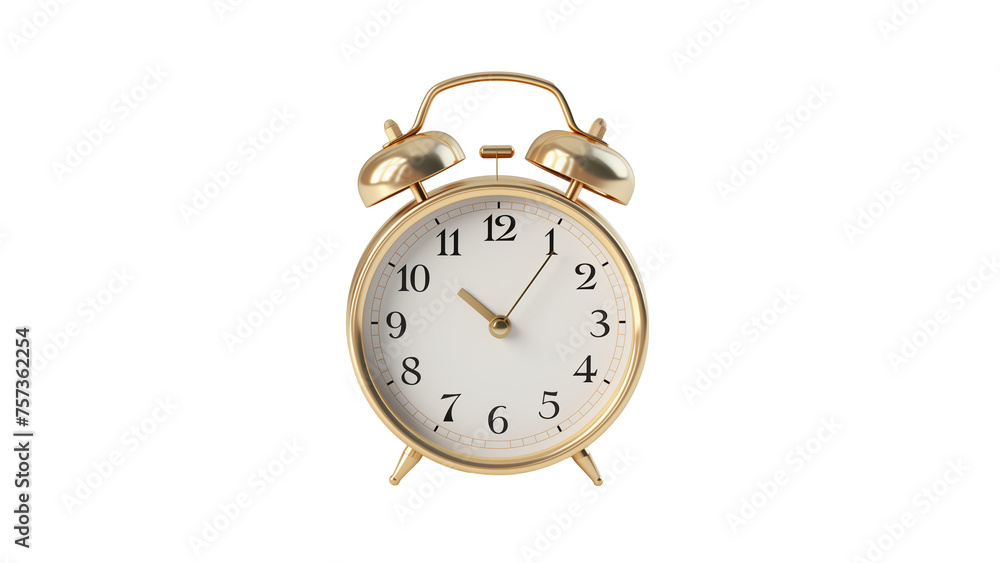 Wall mural classic alarm clock cutout. isolated golden table clock on transparent background
