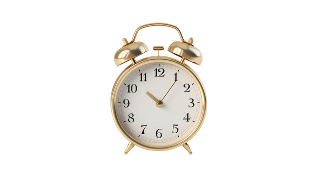 Classic alarm clock cutout. Isolated golden table clock on transparent background