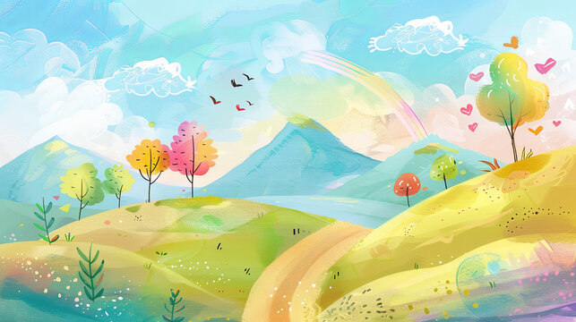 Vibrant illustration of a whimsical landscape featuring rolling hills, colorful trees, a rainbow, and playful clouds.