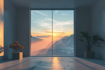A minimalist room with a single window showcasing a breathtaking mountain sunrise casting long shadows across the room