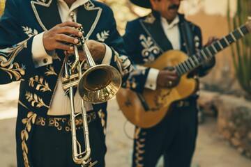 Mariachi musicians playing trumpet and guitar in traditional attire.