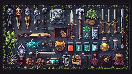 A pixel art inventory screen from a retro RPG displaying pixelated weapons potions and magical items - obrazy, fototapety, plakaty