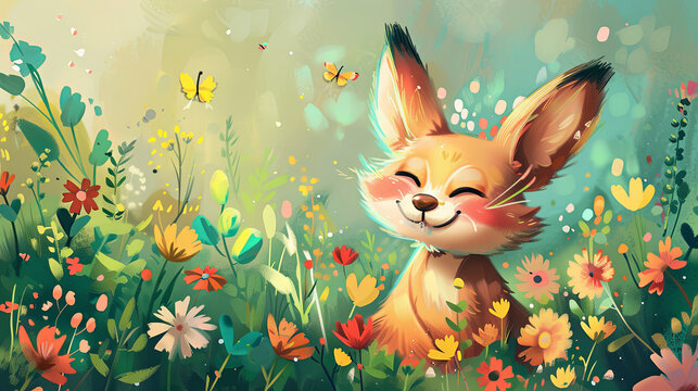 A heartwarming illustration of a smiling fox enjoying the beauty of a lush meadow filled with vibrant flowers and butterflies.