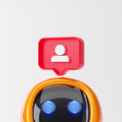 Cute robot looking up with follower icon on a red pin overhead isolated over white background. Technology concept. 3d rendering.