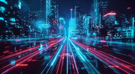 Futuristic cityscape with neon lights and glowing streets, showcasing the concept of digital urban life Generative AI