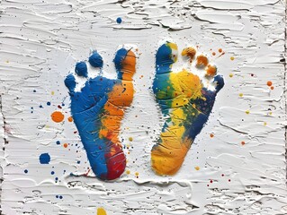 A painting of two feet with colorful paint splatters. The painting is abstract and has a playful, whimsical mood