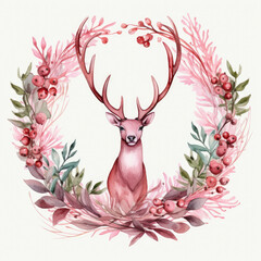 watercolor Deer Antlers Pink Bow candle clipart, Generative Ai