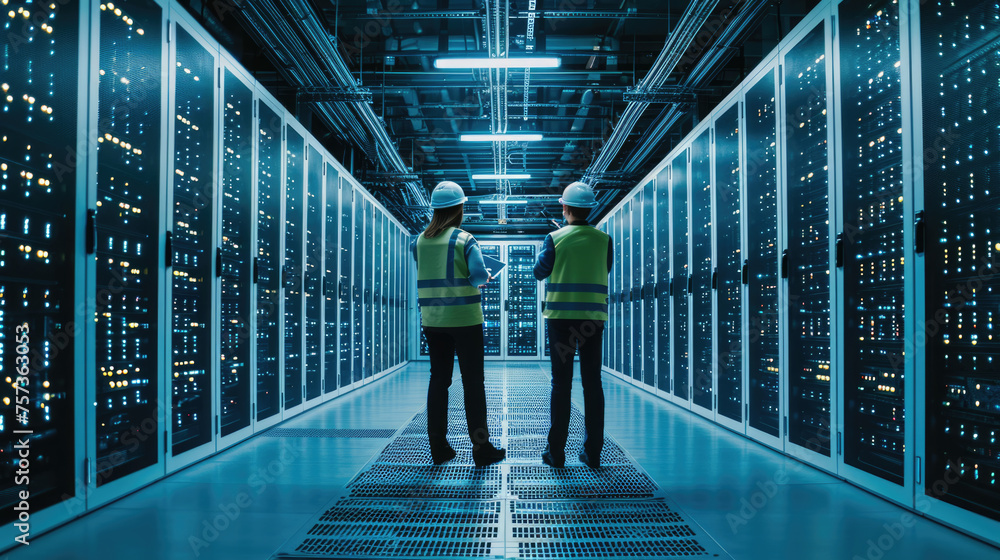 Poster two engineers having a discussion in the brightly illuminated aisle of a server room filled with rac