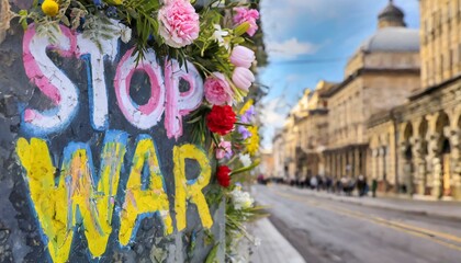 word stop war as graffiti on wall in city uraban street
