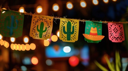 Colorful papel picado banners at night with lights.