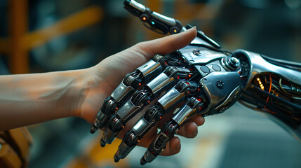 Human and Robot Connection. А human hand gently holding a robot's arm, symbolizing collaboration, trust, and the future of human-machine interaction