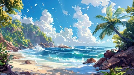 Fototapeta premium Dreamy Sea Shore Illustration Wallpaper