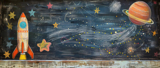 A chalk drawing of a rockets adventurous path to the moon on blackboard background - obrazy, fototapety, plakaty