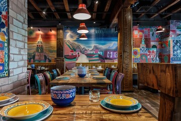 Colorful Mexican restaurant interior with vibrant decor and traditional elements. - obrazy, fototapety, plakaty