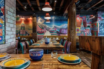 Fotobehang Colorful Mexican restaurant interior with vibrant decor and traditional elements. © Larisa