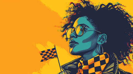 A woman with a checkered flag