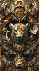 Abstract animals surrounded by symbols of wealth richly detailed