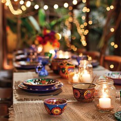 Cozy dinner setting with vibrant tableware and warm candlelight.
