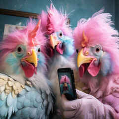 A group of colorful chickens take selfies on their phone camera. The concept of fantasy, surrealism, humor on social networks