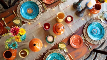 Colorful table setting with ceramic dishes, lit candles, and fresh flowers. - Powered by Adobe